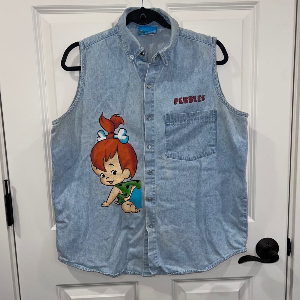 Vintage Flintstones‎ Pebbles Sleeveless Denim Snap Button Top Size XL